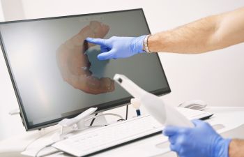 Dentist holding an introral camera and pointing at 3D dental jaw imaging on a computer screen.